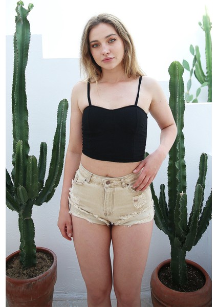 Lazer Kesim Mini Jean Kadın Şort 2366-862 Krem fiyatları
