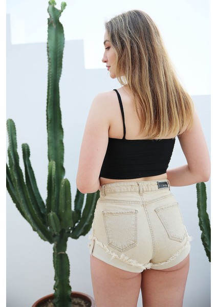 Lazer Kesim Mini Jean Kadın Şort 2366-862 Krem indirimleri