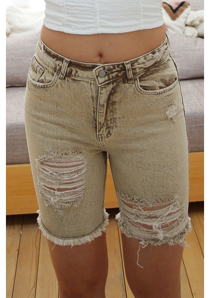 Lazer Kesim Mini Jean Kadın Şort 2430-880 Krem modelleri