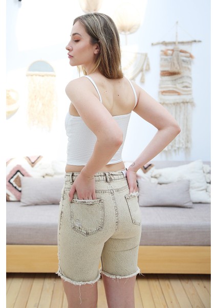 Lazer Kesim Mini Jean Kadın Şort 2430-880 Krem indirimleri