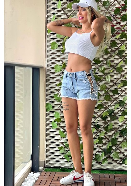 Yandan Bağcıklı Mini Jean Kadın Şort 2076-891 Mavi