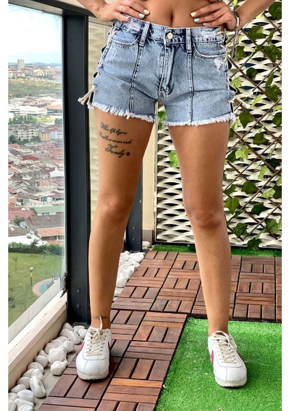 Yandan Bağcıklı Mini Jean Kadın Şort 2076-891 Mavi