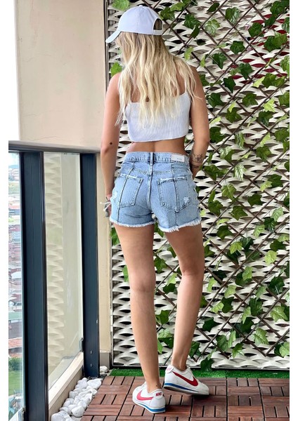 Yandan Bağcıklı Mini Jean Kadın Şort 2076-891 Mavi