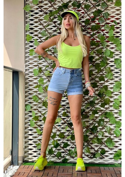 Çift Renk Mini Jean Kadın Şort 2430-882 Mavi