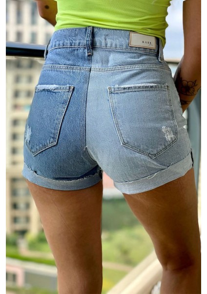 Çift Renk Mini Jean Kadın Şort 2430-882 Mavi