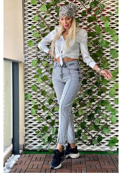 Önden Yırtmaçlı Kadın Mom Jean Pantolon 4074-830 Gri