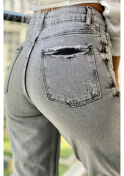 Önden Yırtmaçlı Kadın Mom Jean Pantolon 4074-830 Gri