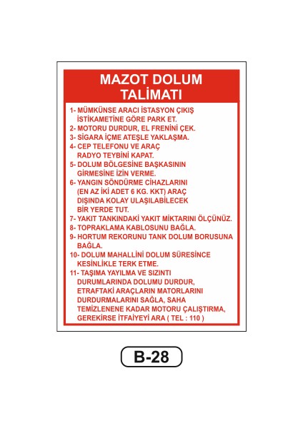 Mazot Dolum Talimatı Uyarı Ikaz Levhası 35 x 50 cm
