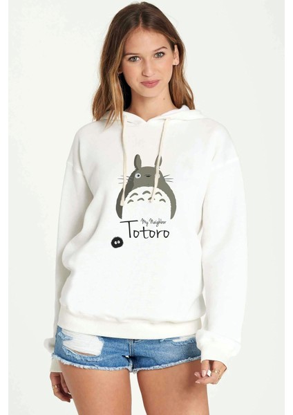 My Neighbor Komşum Totoro Baskılı Beyaz Kadın Örme Kapşonlu Sweatshirt Uzun Kol