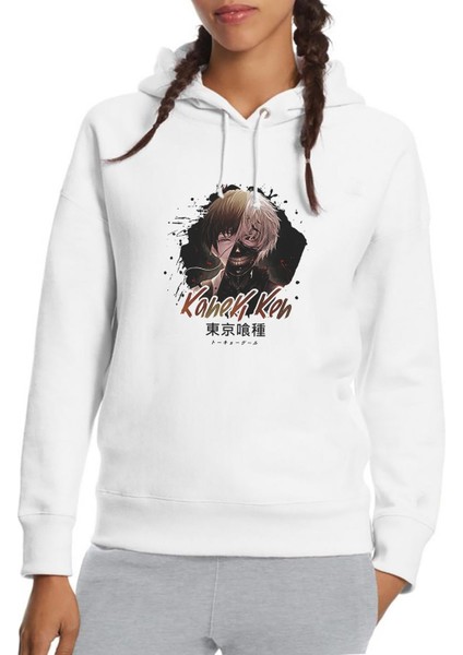 Anime Tokyo Ghoul Kaneki Manga Baskılı Beyaz Kadın Örme Kapşonlu Sweatshirt Uzun Kol