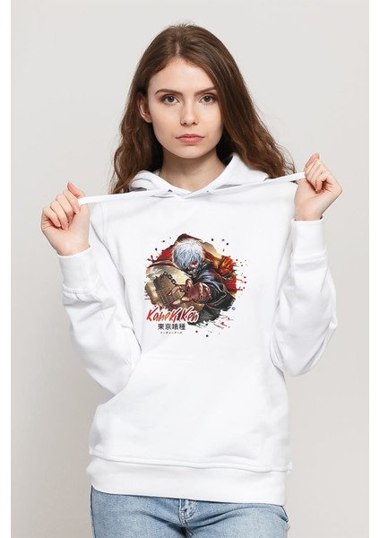 Anime Tokyo Ghoul Kaneki Manga Baskılı Beyaz Kadın Örme Kapşonlu Sweatshirt Uzun Kol