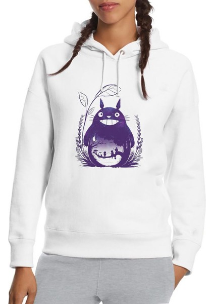 My Neighbor Komşum Totoro Baskılı Beyaz Kadın Örme Kapşonlu Sweatshirt Uzun Kol