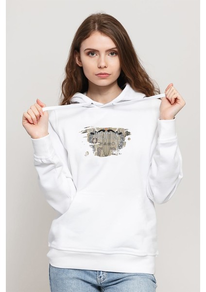 LED Zeppelin Baskılı Beyaz Kadın Örme Kapşonlu Sweatshirt Uzun Kol