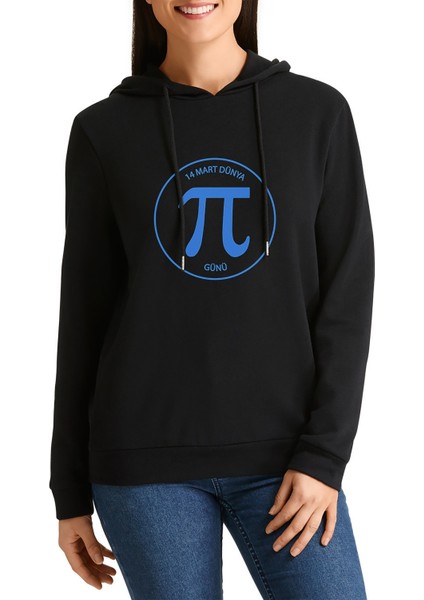 14 Mart Dünya Pi Günü Baskılı Siyah Kadın Örme Kapşonlu Sweatshirt Uzun Kol