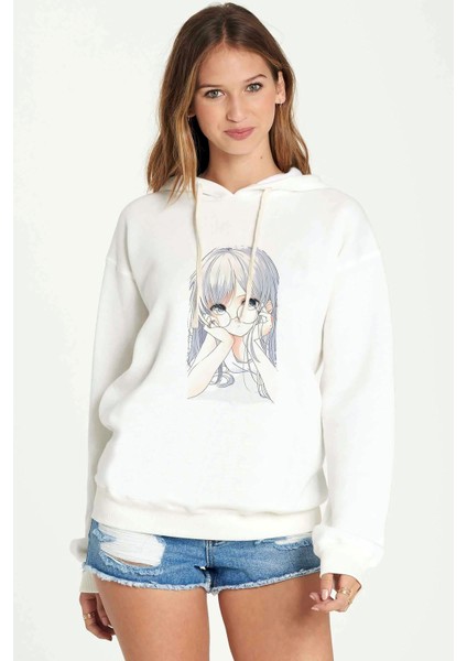 Anime Fairy Tail Glass Guild Emblem Baskılı Beyaz Kadın Örme Kapşonlu Sweatshirt Uzun Kol