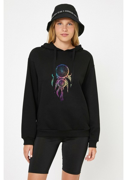 Düş Kapanı Baskılı Siyah Kadın Örme Kapşonlu Sweatshirt Uzun Kol