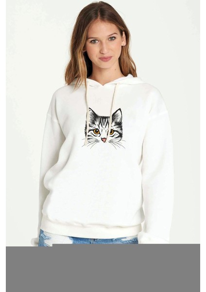 Kedi Yavru Kedi Sevimli Kedi Baskılı Beyaz Kadın Örme Kapşonlu Sweatshirt Uzun Kol