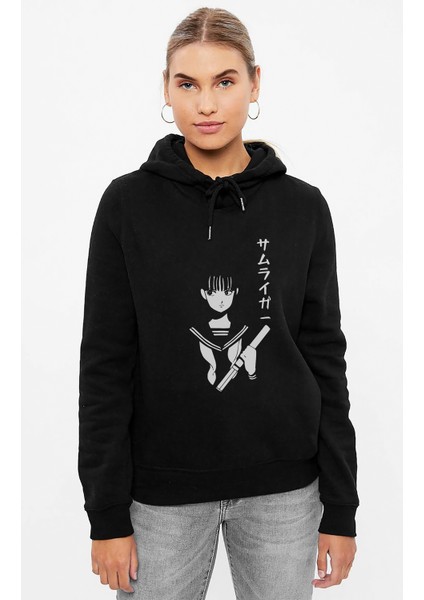 Anime One Punch Man Baskılı Siyah Kadın Örme Kapşonlu Sweashirt Uzun Kol