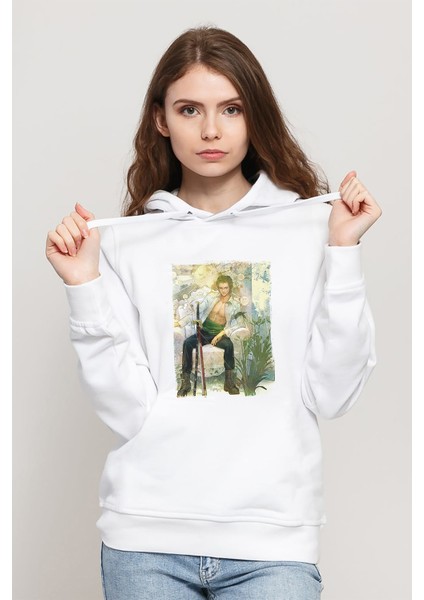 Anime One Piece Baskılı Beyaz Kadın Örme Kapşonlu Sweatshirt Uzun Kol