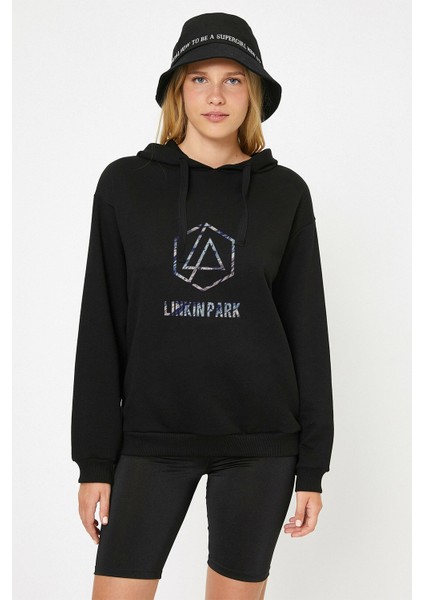 Linkin Park Logo Metal Rock Music Baskılı Siyah Kadın Örme Kapşonlu Sweashirt Uzun Kol