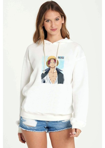 Anime One Piece Baskılı Beyaz Kadın Örme Kapşonlu Sweatshirt Uzun Kol