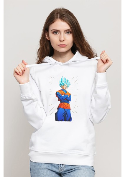 Anime Dragon Ball Baskılı Beyaz Kadın Örme Kapşonlu Sweatshirt Uzun Kol