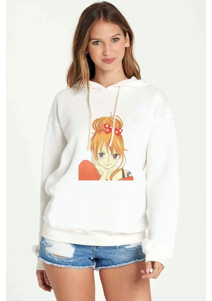 Anime One Piece Baskılı Beyaz Kadın Örme Kapşonlu Sweatshirt Uzun Kol