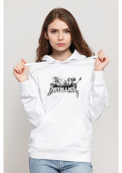 Metallica Baskılı Beyaz Kadın Örme Kapşonlu Sweatshirt Uzun Kol