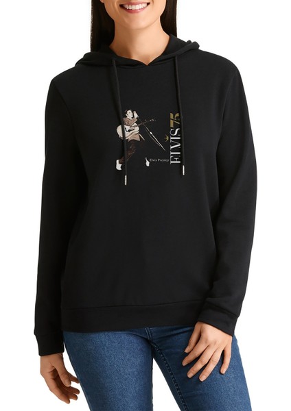 Elvis Presley Baskılı Siyah Kadın Örme Kapşonlu Sweashirt Uzun Kol