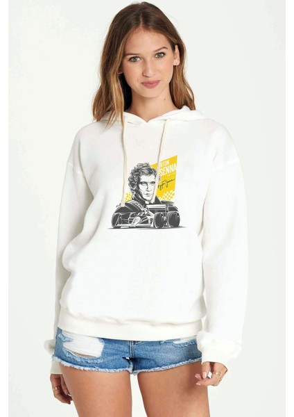 Formula F1 Ayrton Senna F1 Car Baskılı Beyaz Kadın Örme Kapşonlu Sweatshirt Uzun Kol