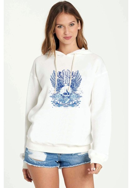 Beyaz ve Mavi Kafatası Baskılı Beyaz Kadın Örme Kapşonlu Sweatshirt Uzun Kol