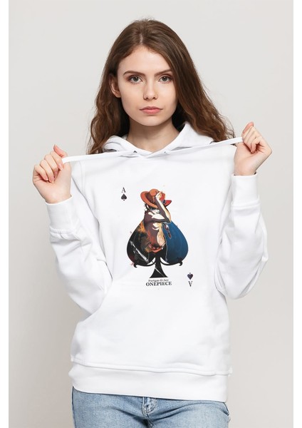 Anime One Piece Onepiece Baskılı Beyaz Kadın Örme Kapşonlu Sweatshirt Uzun Kol