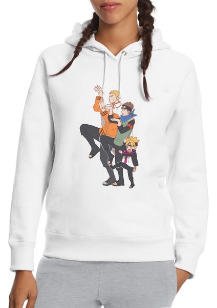 Anime Naruto Boku Dake Ga Inai Baskılı Beyaz Kadın Örme Kapşonlu Sweatshirt Uzun Kol