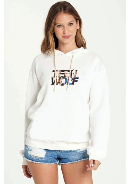 Teenwolf Dizi Film Baskılı Beyaz Kadın Örme Kapşonlu Sweatshirt Uzun Kol