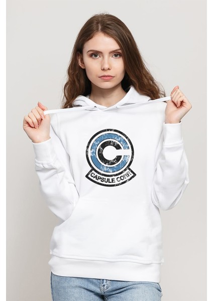Capsule Baskılı Beyaz Kadın Örme Kapşonlu Sweatshirt Uzun Kol
