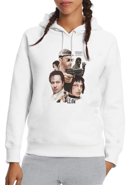 Leon & Mathilda The Professional Sevginin Baskılı Beyaz Kadın Örme Kapşonlu Sweatshirt Uzun Kol