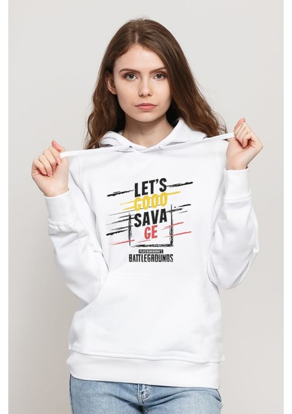 Pubg Lets Erangel Playerunknowns Pubg Savage Baskılı Beyaz Kadın Örme Kapşonlu Sweatshirt Uzun Kol