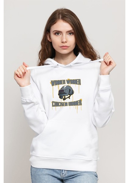 Pubg Winner 3 Lvl Kask Baskılı Beyaz Kadın Örme Kapşonlu Sweatshirt Uzun Kol