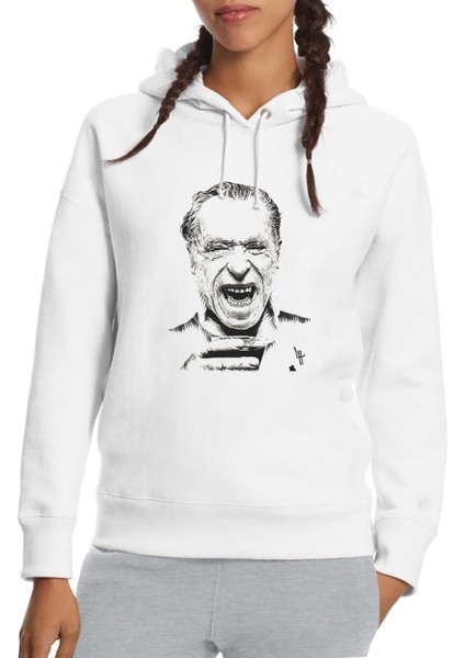 Charles Bukowski Baskılı Beyaz Kadın Örme Kapşonlu Sweatshirt Uzun Kol