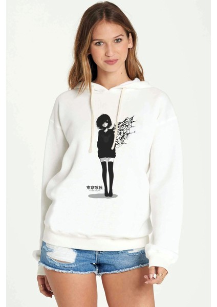 Anime Tokyo Ghoul Anteiku Baskılı Beyaz Kadın Örme Kapşonlu Sweatshirt Uzun Kol