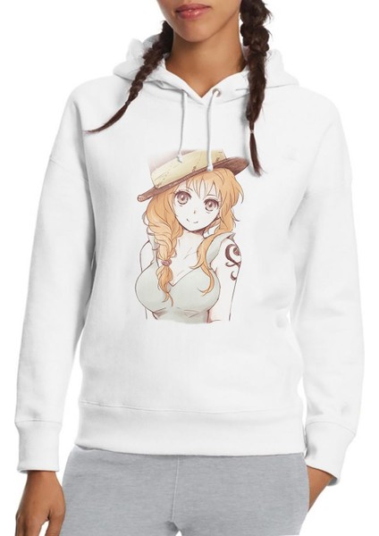 Anime One Piece Prates Baskılı Beyaz Kadın Örme Kapşonlu Sweatshirt Uzun Kol