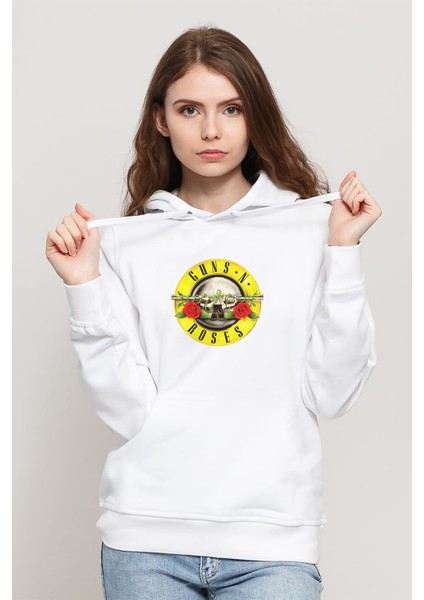 Guns'n Roses Baskılı Beyaz Kadın Örme Kapşonlu Sweatshirt Uzun Kol