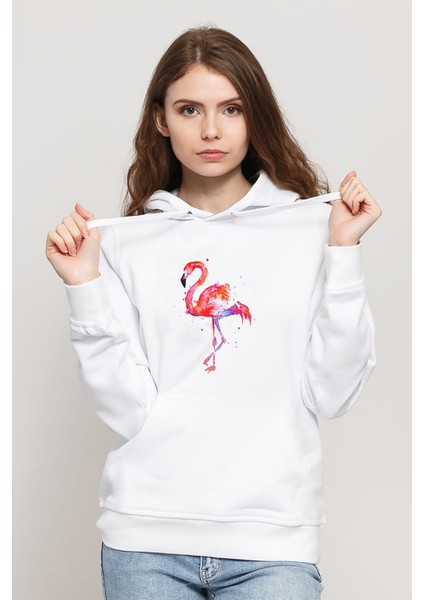 Flamingo Suluboya Resim Baskıresim Çizim Flamingolar Baskılı Beyaz Kadın Örme Kapşonlu Sweatshirt Uz