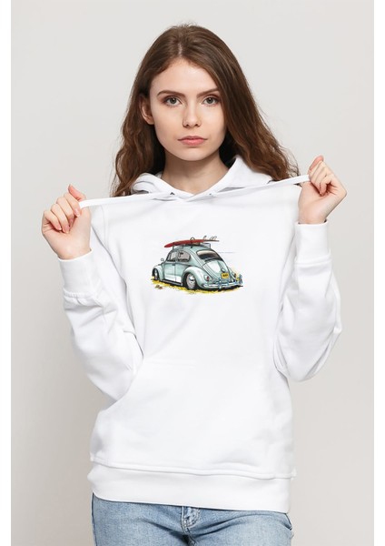 Açık Mavi Vosvos Tosbağa Baskılı Beyaz Kadın Örme Kapşonlu Sweatshirt Uzun Kol
