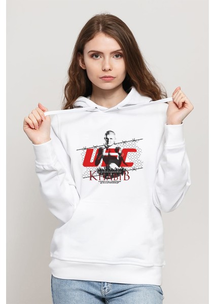 Khabib Nurmagomedov Baskılı Beyaz Kadın Örme Kapşonlu Sweatshirt Uzun Kol