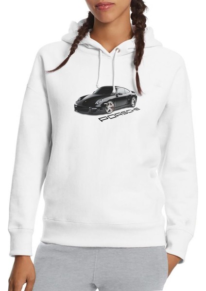 Porsche Baskılı Beyaz Kadın Örme Kapşonlu Sweatshirt Uzun Kol
