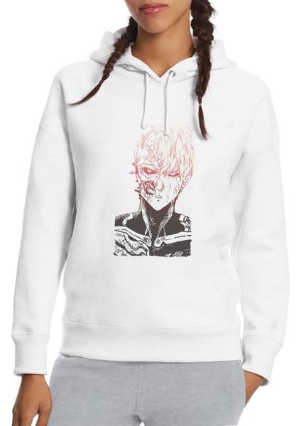 Anime One Punch Man Baskılı Beyaz Kadın Örme Kapşonlu Sweatshirt Uzun Kol