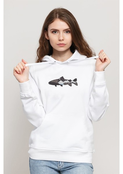 Silhouette Mountain Trout Baskılı Beyaz Kadın Örme Kapşonlu Sweatshirt Uzun Kol