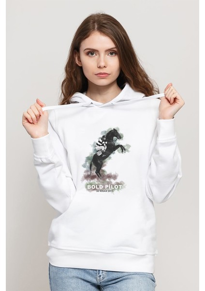 Bold Pilot Baskılı Beyaz Kadın Örme Kapşonlu Sweatshirt Uzun Kol