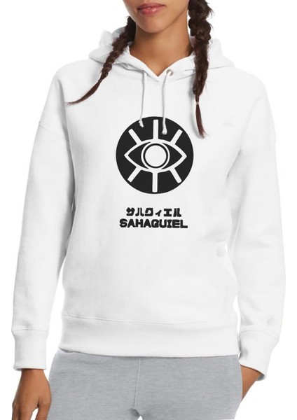 Evangelion Sahaquıel Baskılı Beyaz Kadın Örme Kapşonlu Sweatshirt Uzun Kol